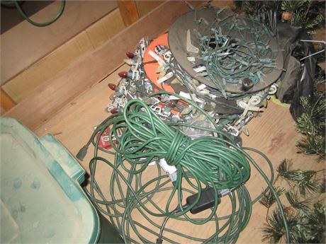 Lot of Christmas Lights Tub & 2 Rolls, Extension Cords