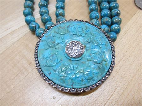 Large Turquoise & Sterling Silver Necklace Turtle Etchings