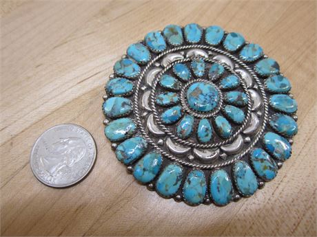 Sterling Silver & Turquoise Brooch Pin Signed Large!!