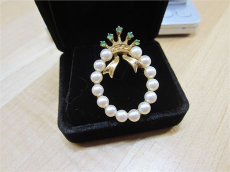 Crown Brooch 14kt Gold Pearls Emeralds Designer Piece