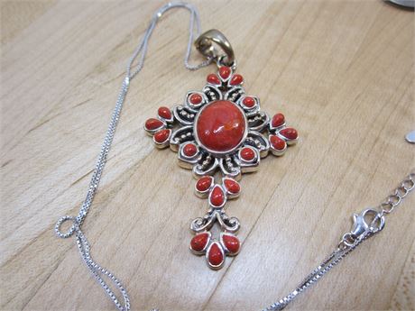 Sterling Silver & Coral Cross Signed Large!!