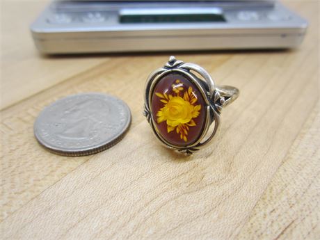 Sterling Silver Amber Flower Ring