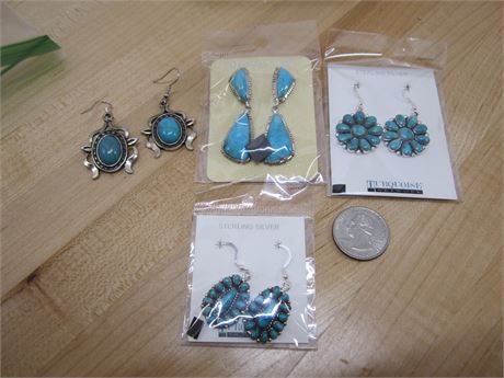 Sterling Silver Turquoise Earring Lot. 3 Sterling Silver one Faux